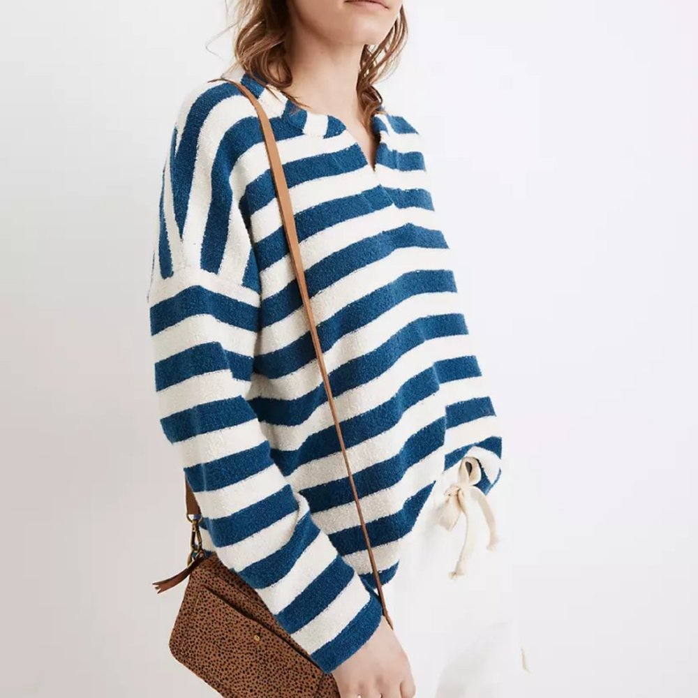 MADEWELL BLUE WHITE STRIPE MWL LOOP TERRY NOTCHED SWEATSHIRT